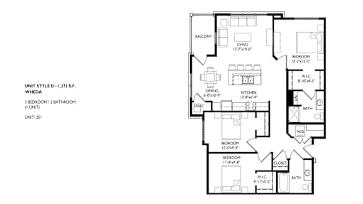A floor plan of a unit style D, 1,272 sq.ft. Wheda.