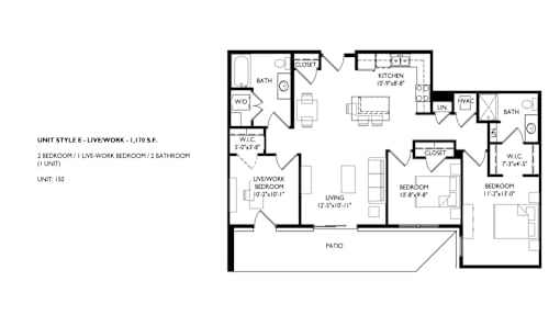 A floor plan of a living space with a kitchen, living room, and three bedrooms.