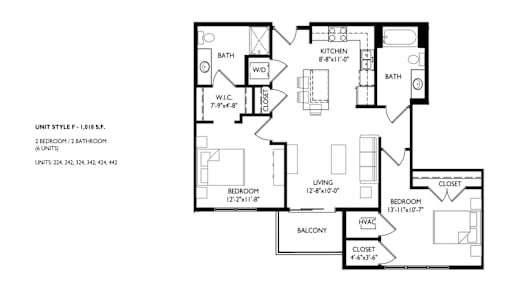 A floor plan of a 2 bedroom, 2 bathroom apartment.