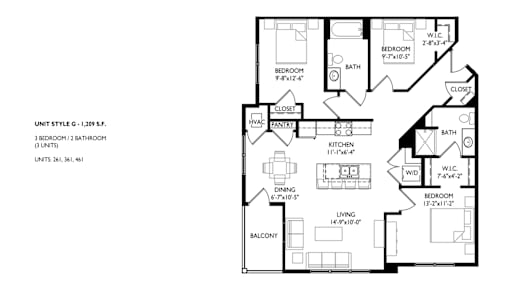 A black and white image of a floor plan for a G+1, 1,209 square foot unit with 3 bedrooms and 2 bathrooms.