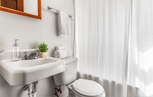A white bathroom with a sink, toilet, and a mirror.