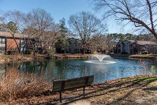 A park with a bench and a pond with a fountain.