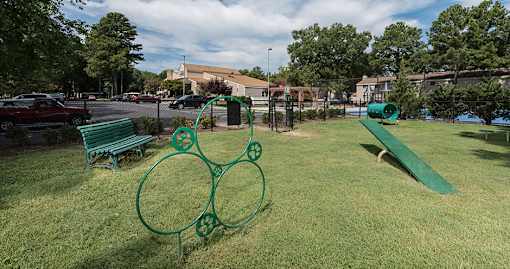 A dogpark with a green slide and a green bench.