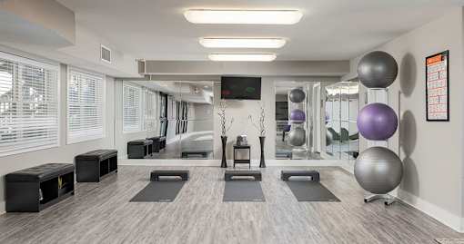A yoga studio with exercise balls and mats.