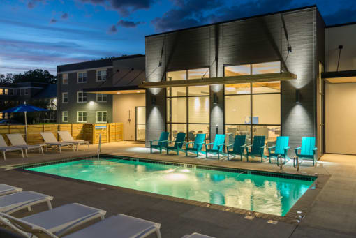 Evening Pool with Pool Lights at The Gallery Midtown Apartments in Richmond, VA