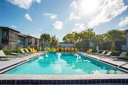 A swimming pool surrounded by sun loungers and trees.