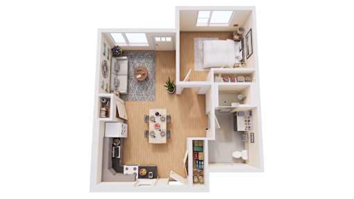 A top-down view of a small apartment with a kitchen, living room, and bedroom.