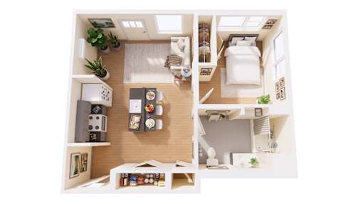 A top-down view of a small, neatly organized apartment with a kitchen, living room, and bedroom.