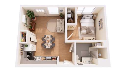 A top-down view of a small, well-organized apartment with a living room, kitchen, and bedroom.