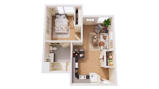 A white room with a bed, a desk, and a shelf with various items.