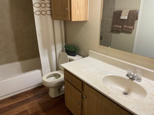 a bathroom with a sink and a toilet and a bath tub  at Summit Ridge Apartments, Temple, Texas