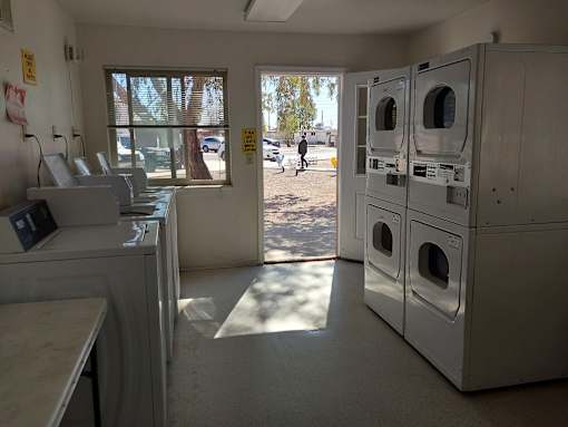 A laundromat with a view of the outside through the window.