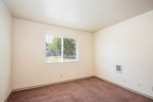 A room with a window and a carpet on the floor.