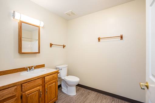 A bathroom with a toilet, sink, and mirror.