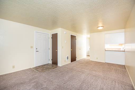 A sparsely furnished room with a carpeted floor and white walls.