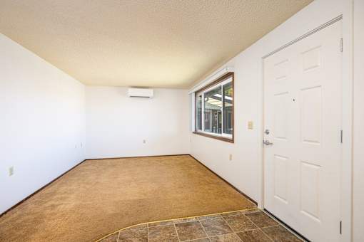 A room with a brown floor and a white door.