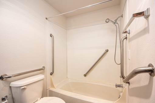 a bathroom with grab bars and a toilet and a shower