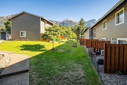 A row of houses with a mountain in the background.