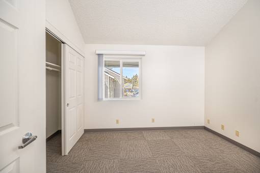 A room with a door, window, and carpeted floor.