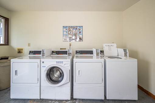 A row of white washing machines in a laundry room.