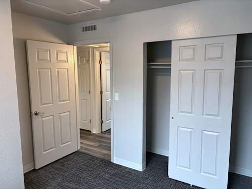 A hallway with two doors and a carpeted floor.