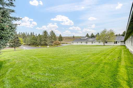 a large yard with a house in the background