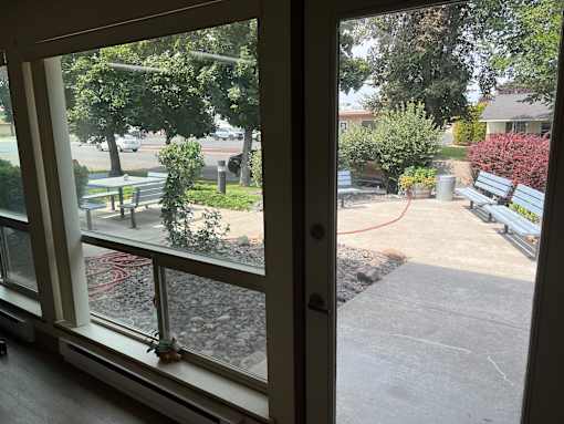 a view of a patio from a window