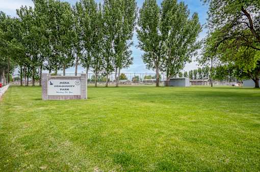A sign that says Mesa Park in front of some trees.