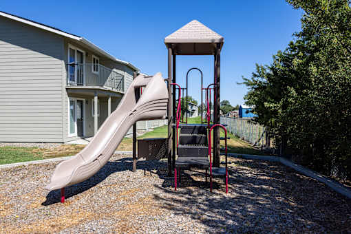 a playground with a slide and a climbing structure in front of a house