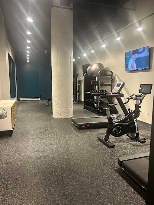 A gym with a treadmill, a rowing machine and a television.