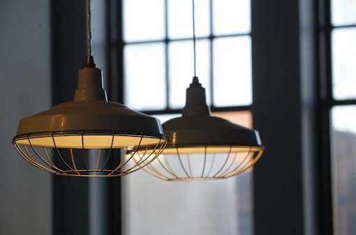 a couple of hanging lights in front of a window