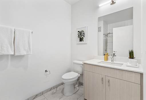 a bathroom with a sink toilet and a mirror
