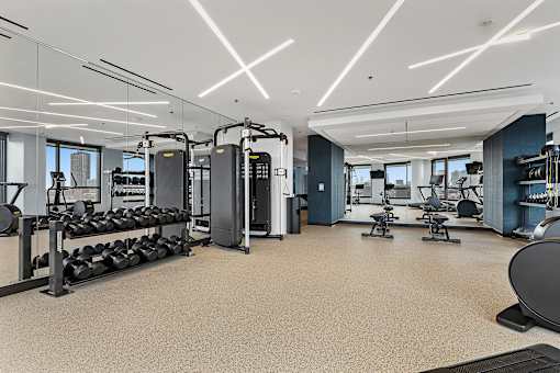 A spacious gym with a variety of equipment and a clean, well-lit environment.