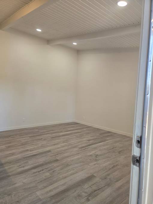 A room with a wooden floor and a white door.