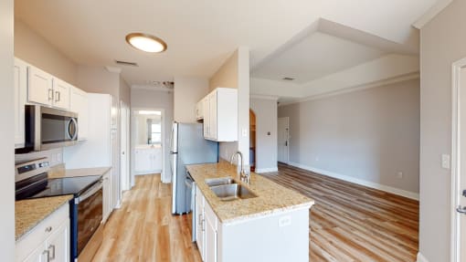 One bedroom kitchen and commons space, granite counters