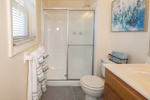 Bathroom with toilet, sink with cabinets and stand-alone shower A bathroom with a toilet, sink, and shower.