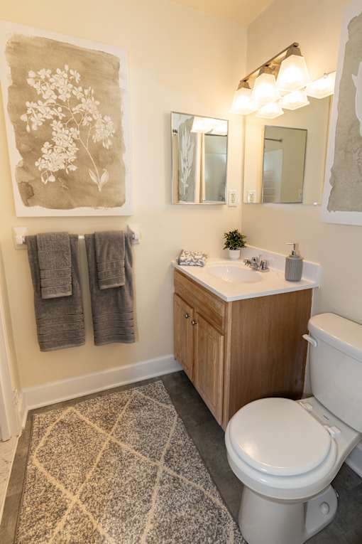 A bathroom with a toilet, sink, and mirror.