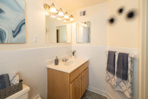 A bathroom with a white sink and a mirror above it.