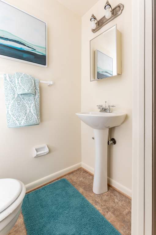 A bathroom with a white sink and a blue rug.