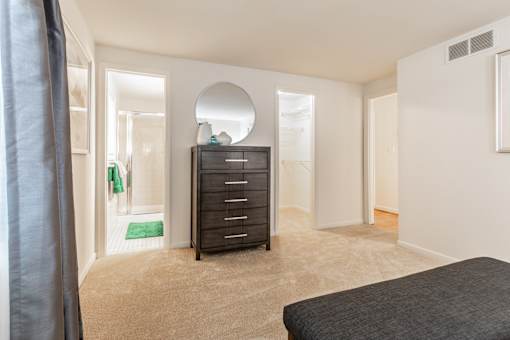 A bedroom with a black bed, a mirror, and a dresser.