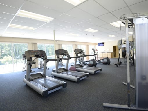Fitness Center with Outside view at Woodridge Apartments, 3901 Noyes Circle, MD 21133