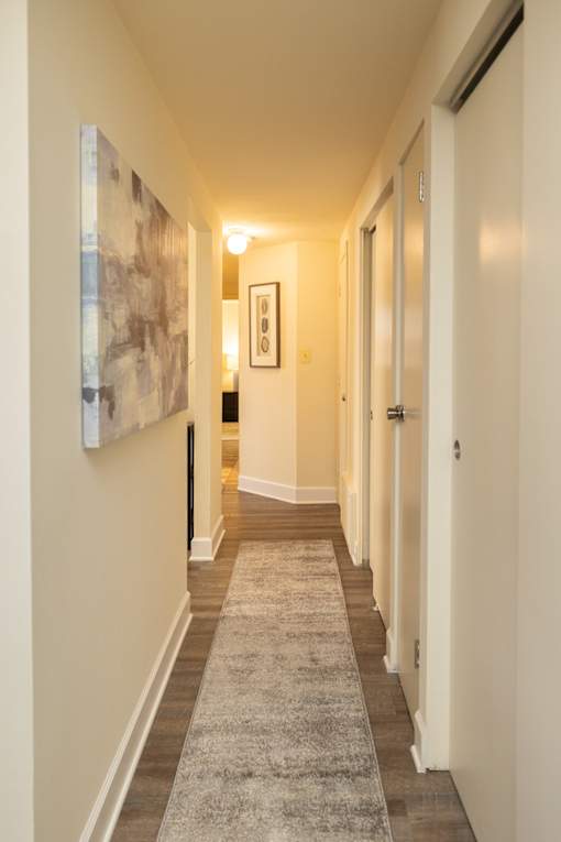 A hallway with a rug on the floor and a painting on the wall.