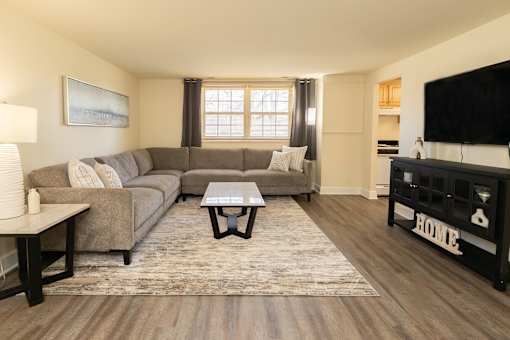A living room with a grey couch and a coffee table.