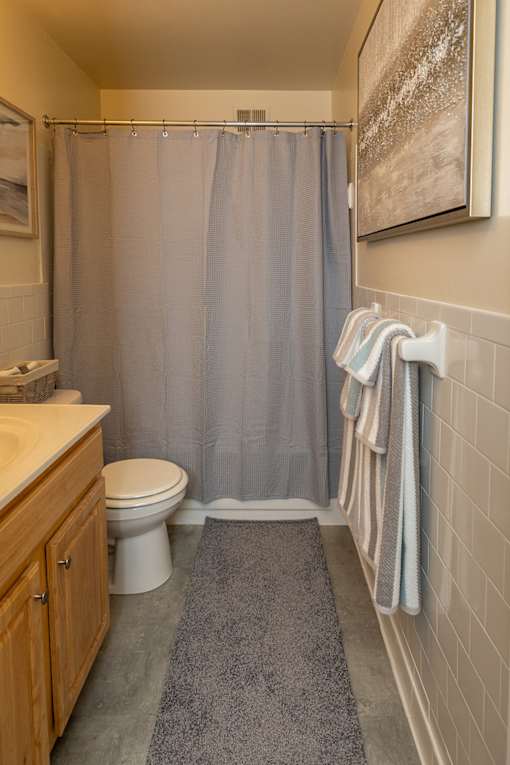 A bathroom with a toilet, sink, and a chandelier.