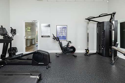 A gym with a treadmill, elliptical trainer, stationary bike and a rowing machine.