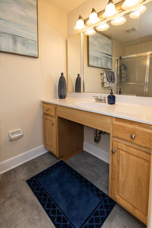 A bathroom with a vanity and a mirror. Spring Hill Apartments & Townhomes, Baltimore, MD 21234
