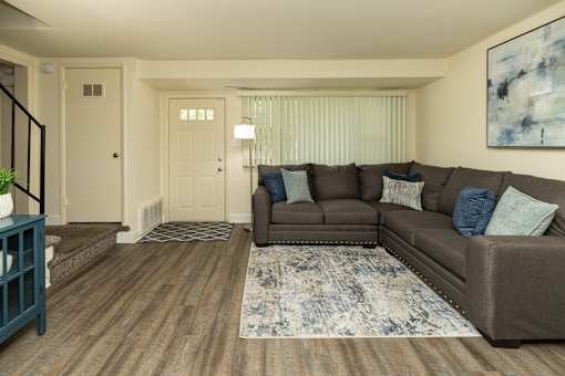 A living room with a brown couch and a blue rug.