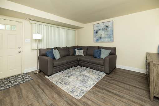 A brown couch with blue pillows sits in a room with wooden floors and a white door.