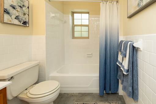 A white toilet sits next to a bathtub in a bathroom.