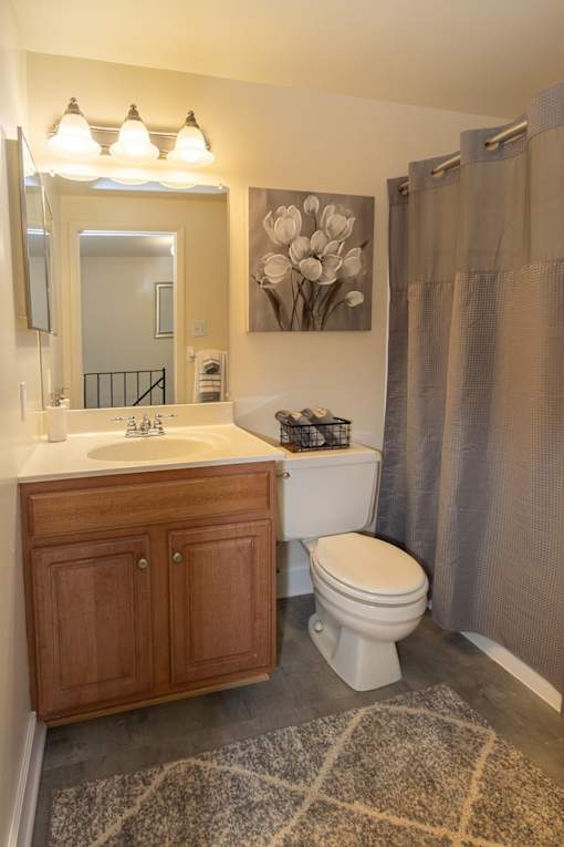 A bathroom with a toilet, sink, and shower at Walnut Grove Townhomes* Apartments, Essex, MD